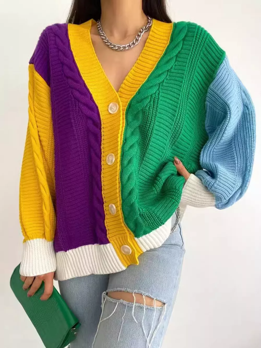 Color Block Button Down Cable-Knit Cardigan, image 2