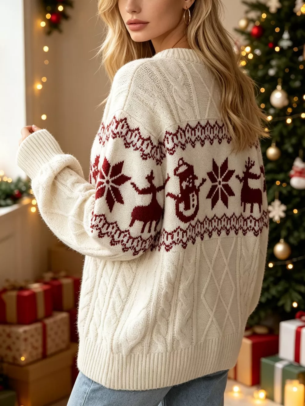 Christmas Snowman Pattern Cable Knit Sweater, image 5