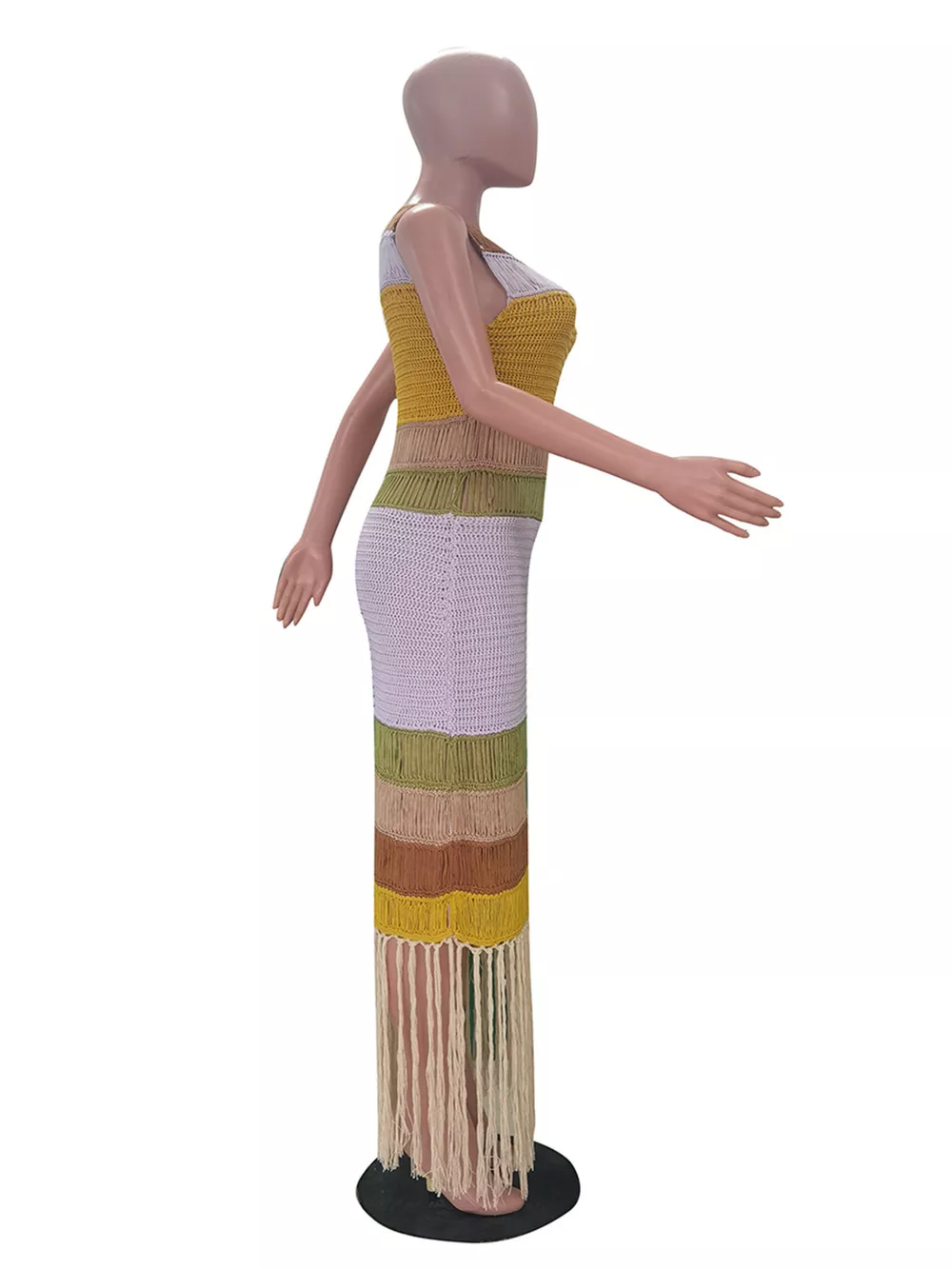 Fringe Crochet Knit Color Block Maxi Dress, image 9