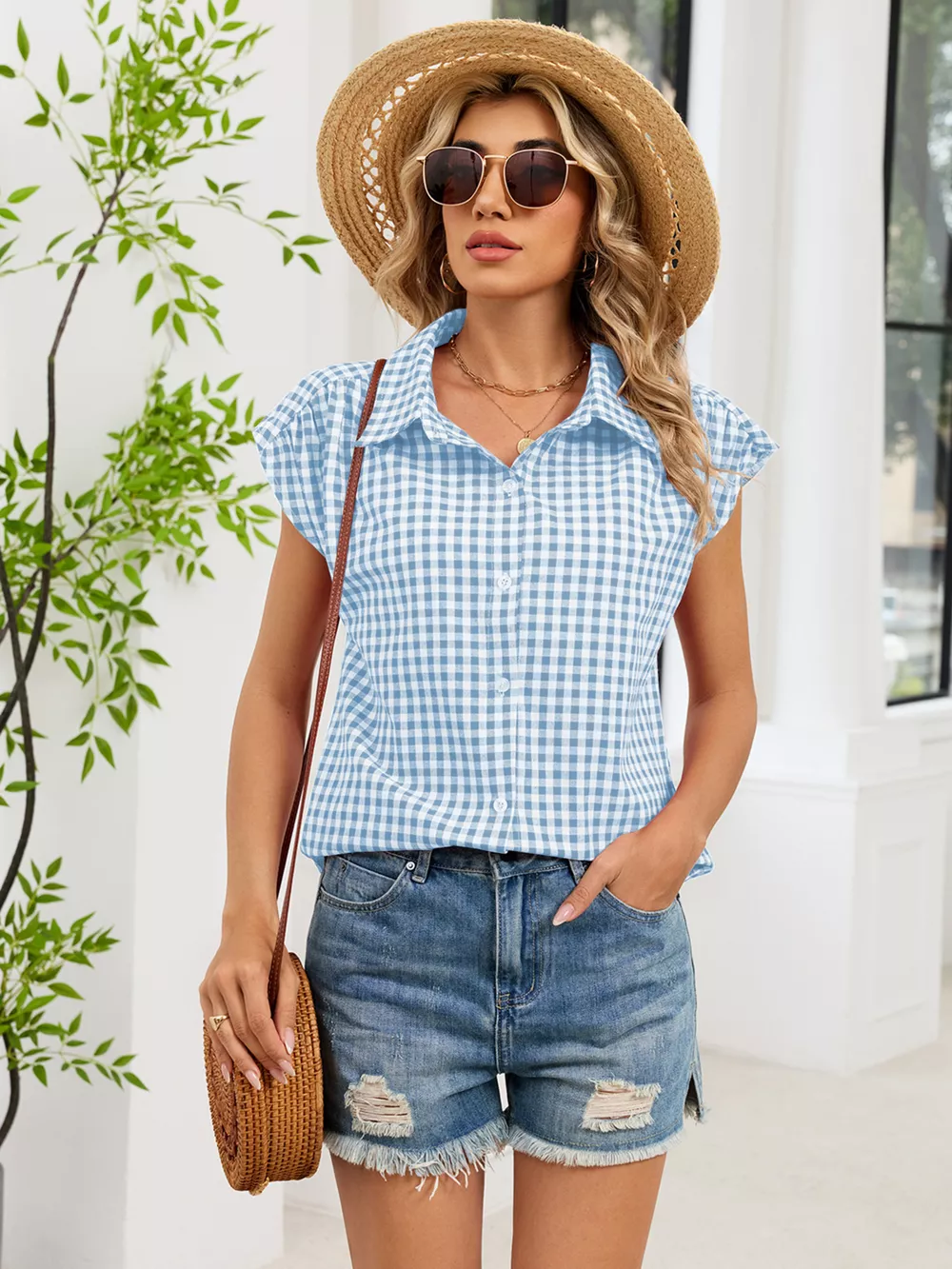 Plaid Button Up Cap Sleeve Shirt, image 9