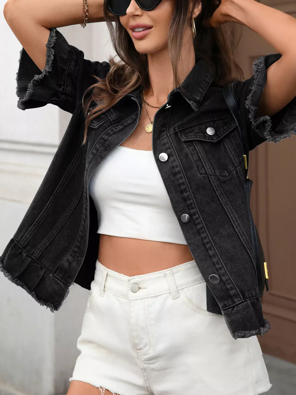 Raw Hem Button Up Denim Jacket, image 5