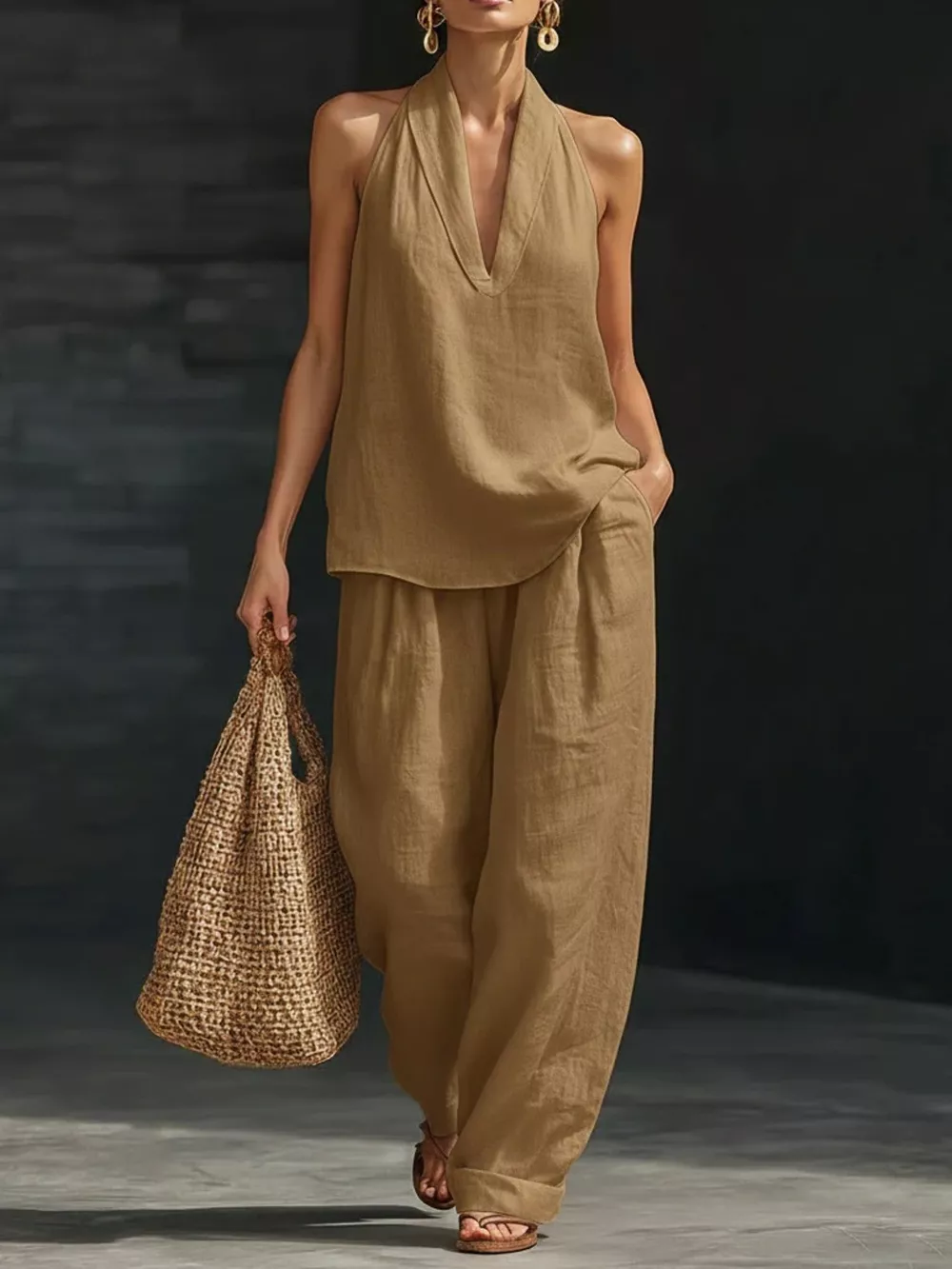 Full Size Halter Neck Top and Wide Leg Pants Set Plus Size, image 6