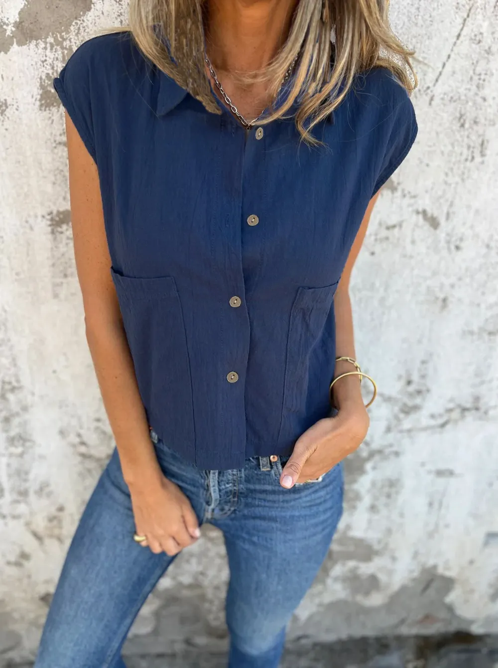 Full Size Button Down Cap Sleeve Linen Shirt Plus Size, image 5