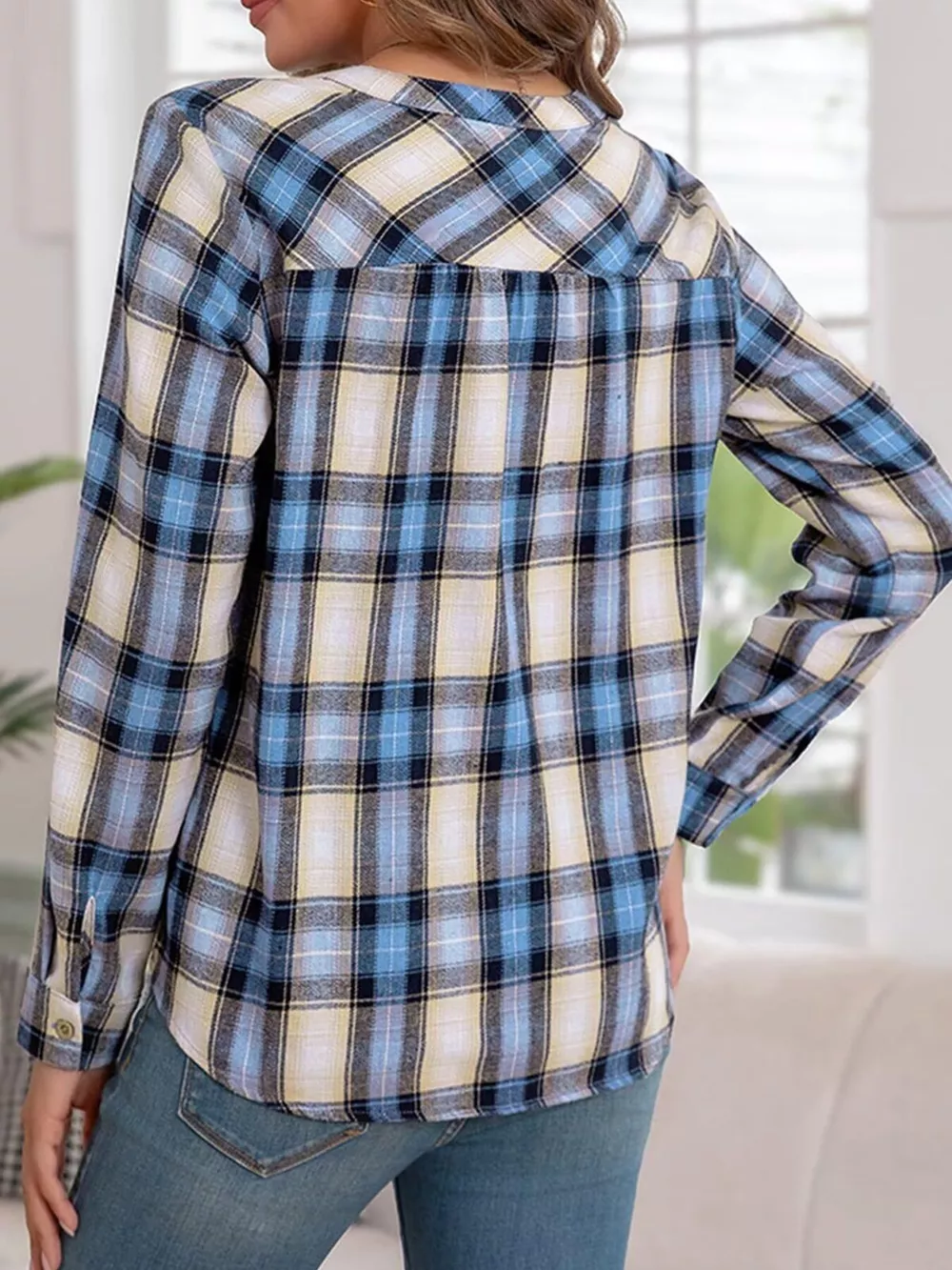 Plaid Half Button Long Sleeve Blouse, image 29