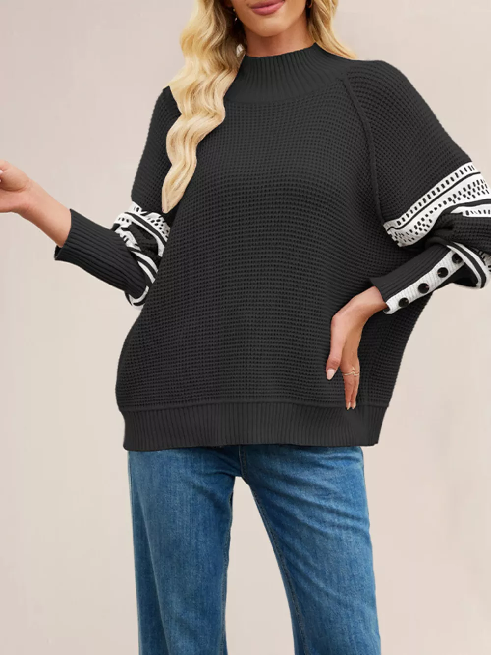 Color-Block Mock Neck Waffle Knit Sweater, image 7