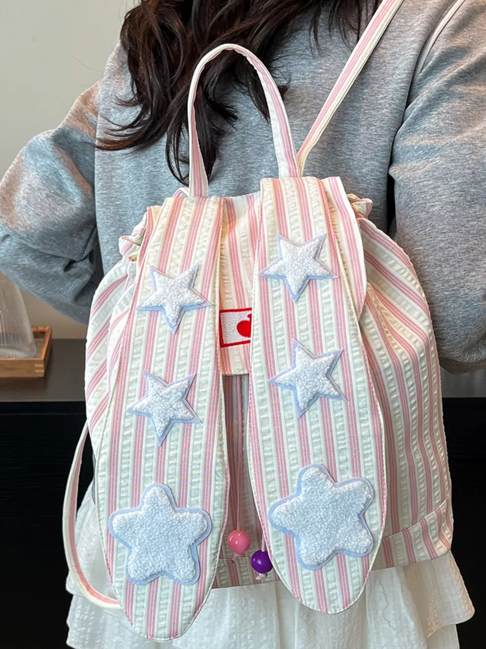 Striped Star Bunny Ear Backpack Bag, image 12