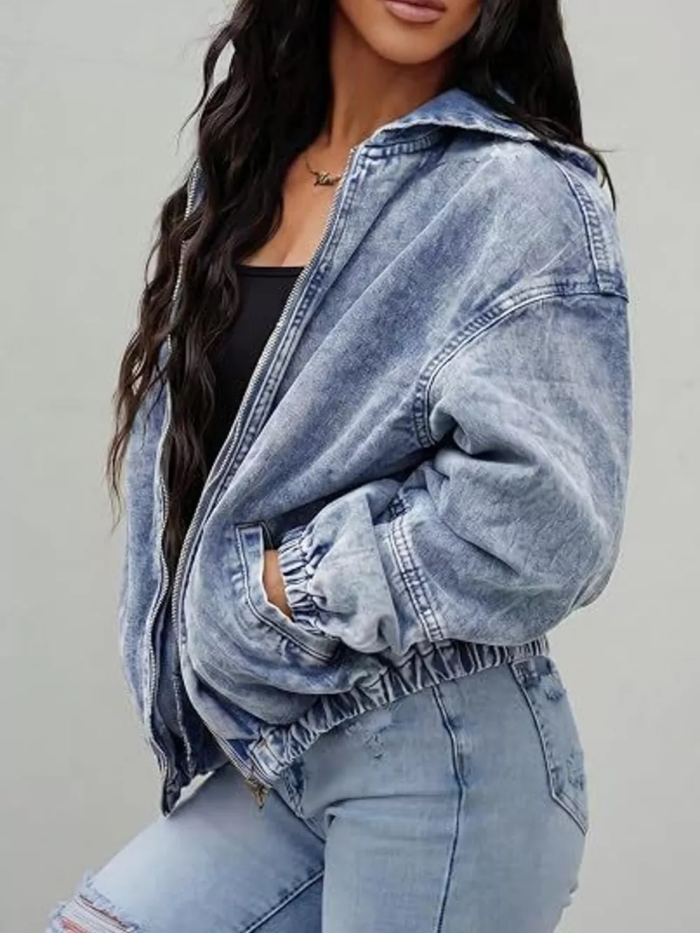 Vintage Washed Zip Up Hooded Denim Jacket, image 5