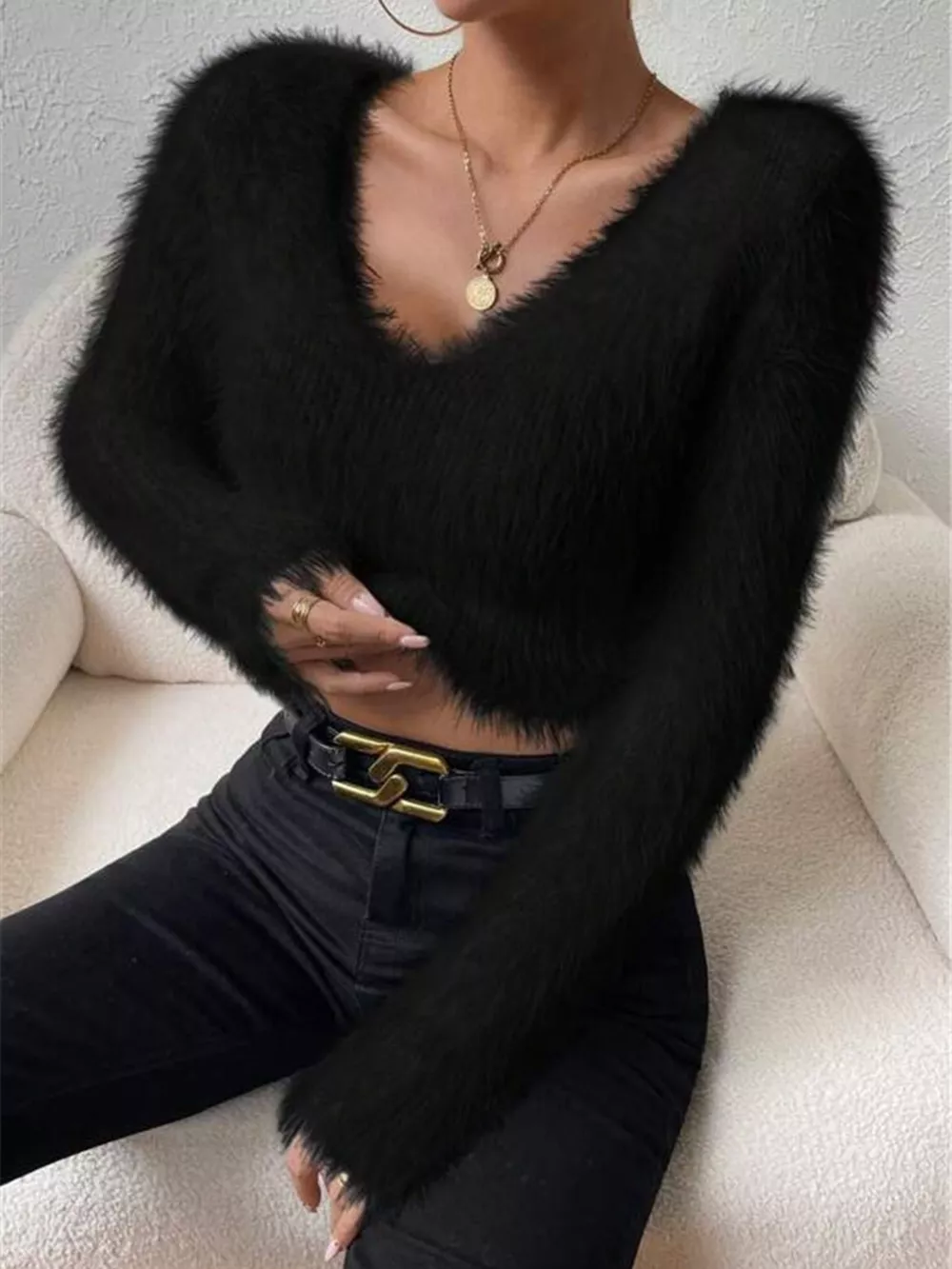 Fluffy Knit V-Neck Sweater, image 17