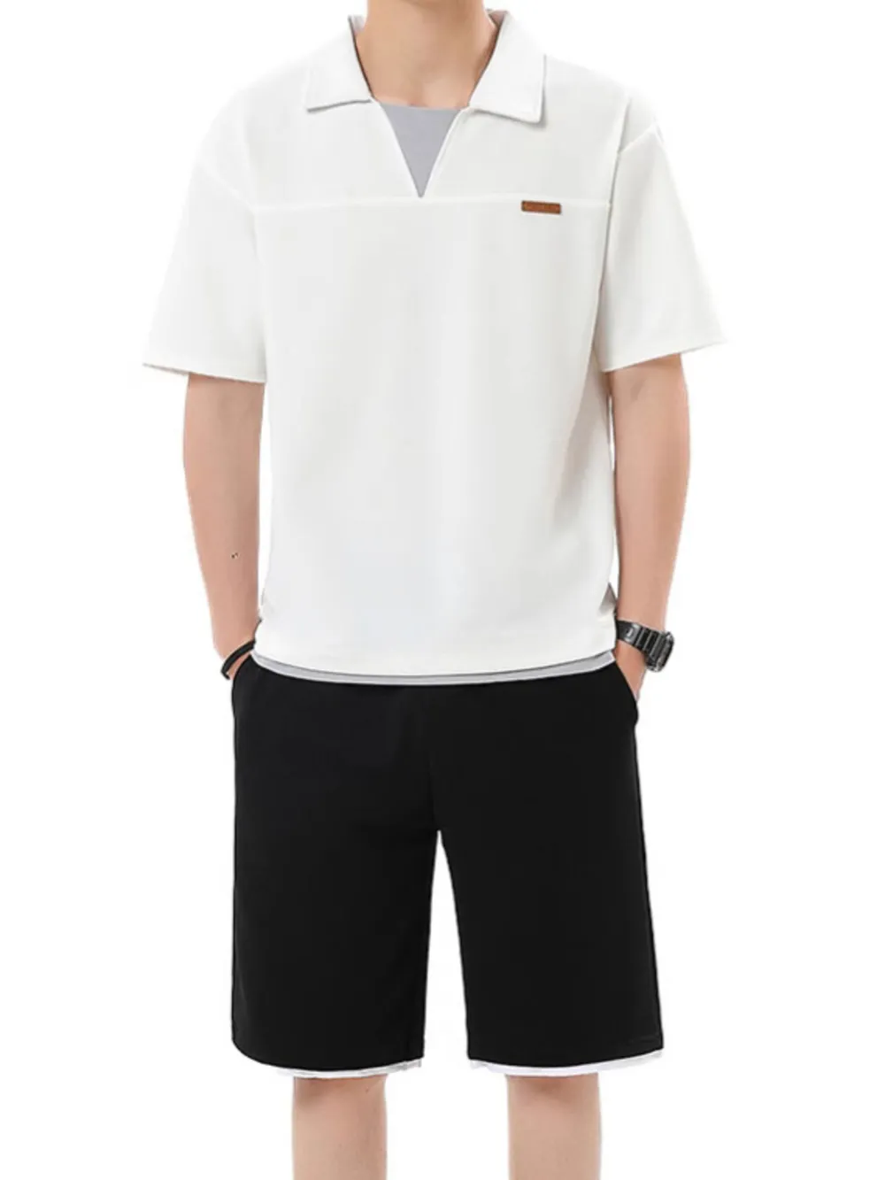 Men's Plus Size Johnny Collar Top and Shorts Set, image 5
