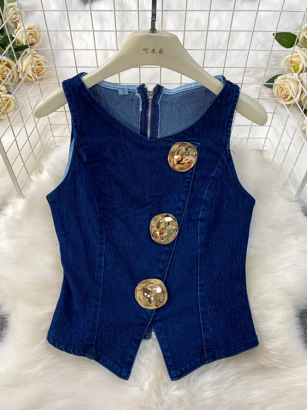 Button Detail Vest and Flare Jeans Denim Set, image 2