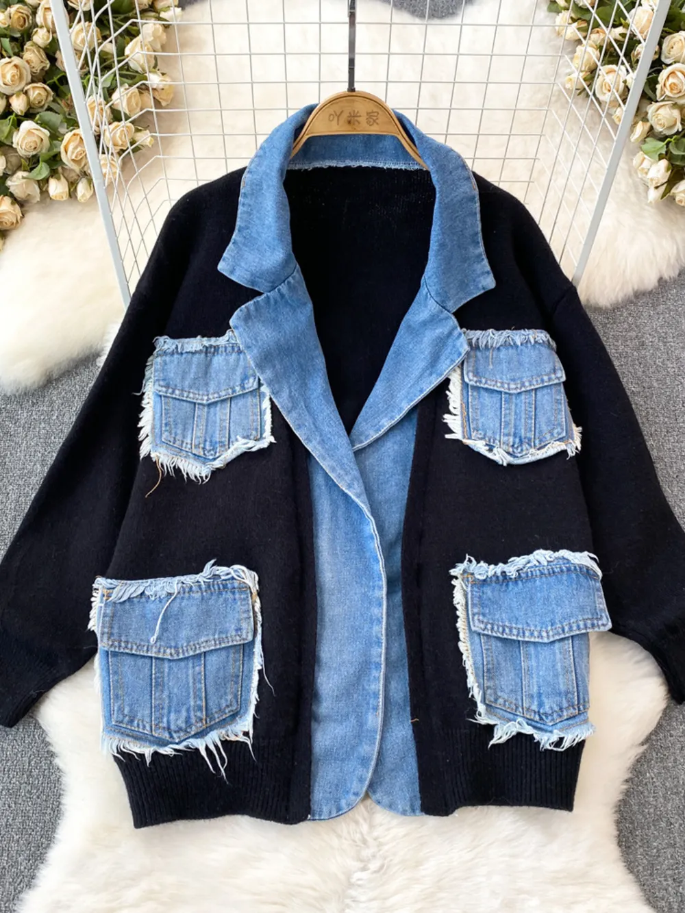 Raw Hem Denim Pocket Patchwork Cardigan, image 8
