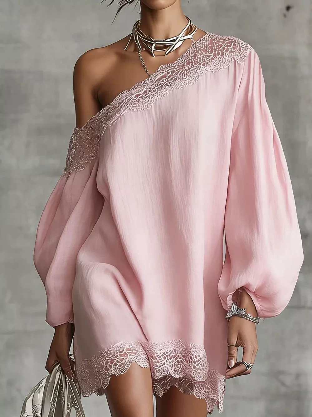 One-Shoulder Lace Trimmed Puff Sleeve Mini Dress