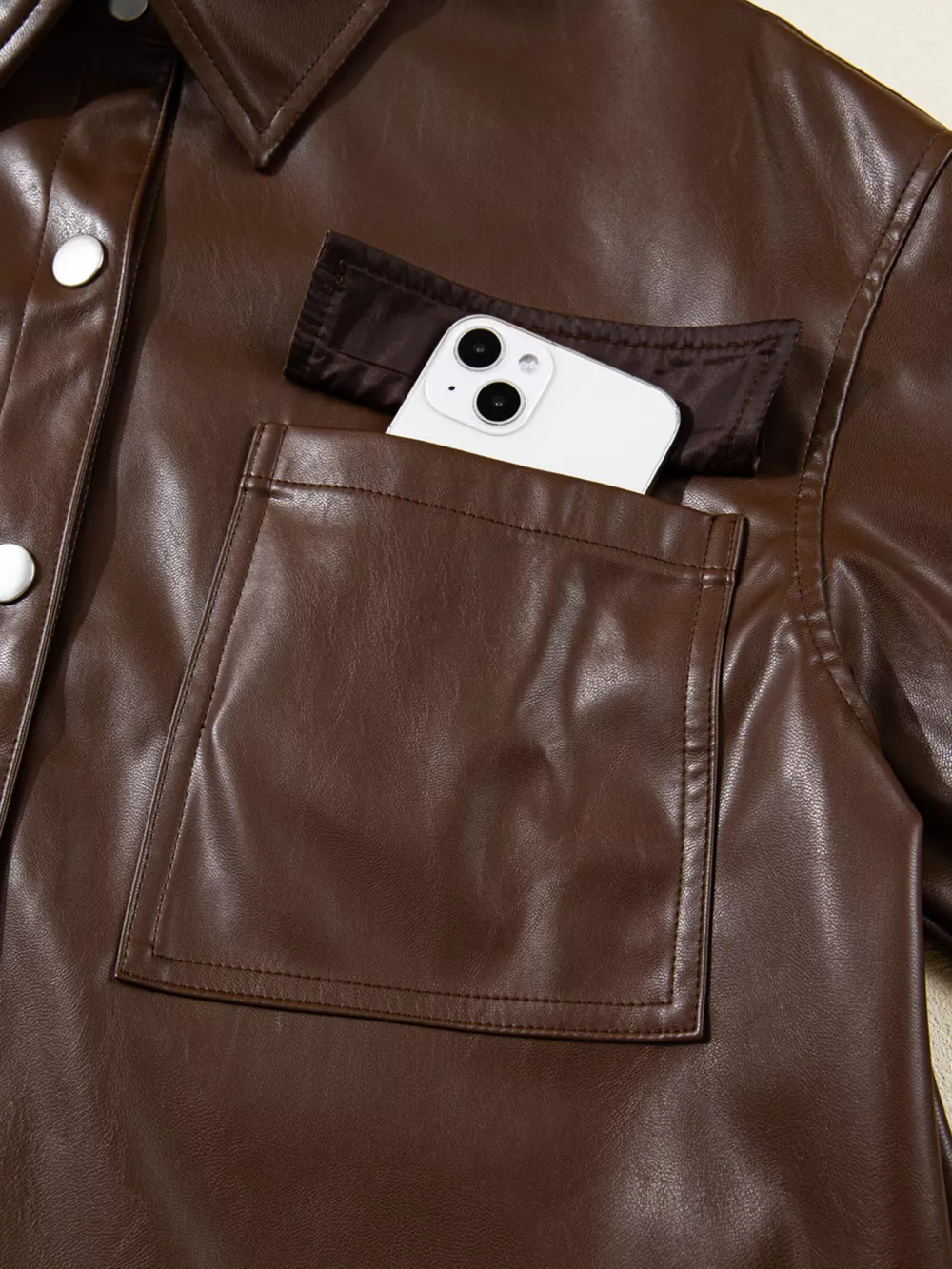 Double Flap Pocket Drawstring Hem Leather Jacket, image 13