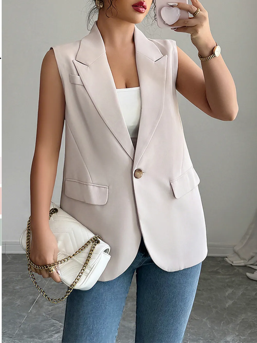 One Button V-Neck Blazer Vest Coat, image 4