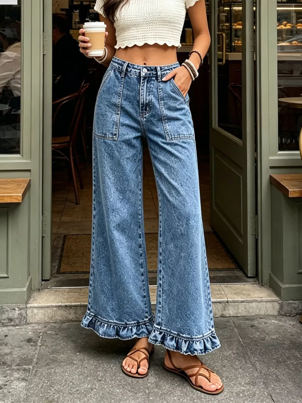 High-Waisted Wide-Leg Ruffle Hem Jeans, image 9