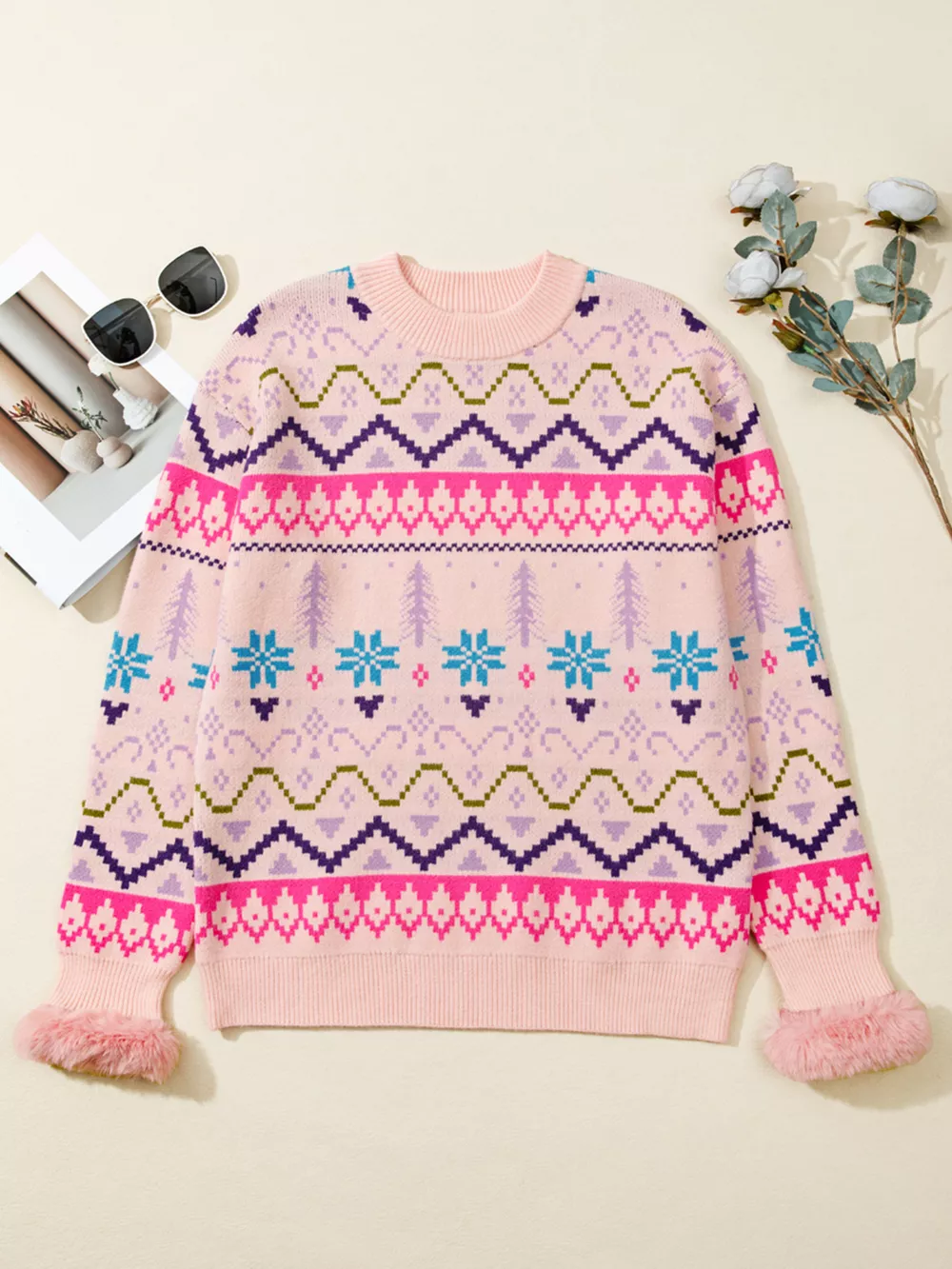 Multicolour Ethnic Christmas Pattern Knit Feather Cuffed Sweater, image 3