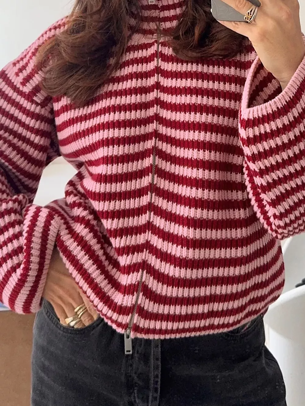 Striped High Neck Zip-up Sweater Long Sleeve Casual Fit Drop Shoulder Open Front Cardigan, image 2