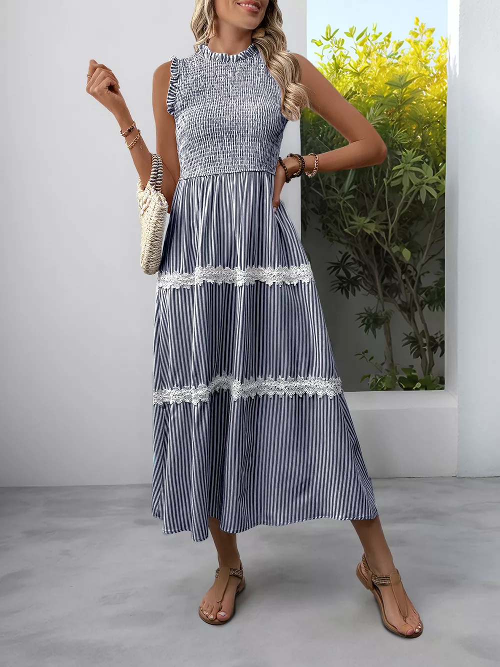 Smocked Striped Lace Trim Sleeveless Midi Dress, image 4
