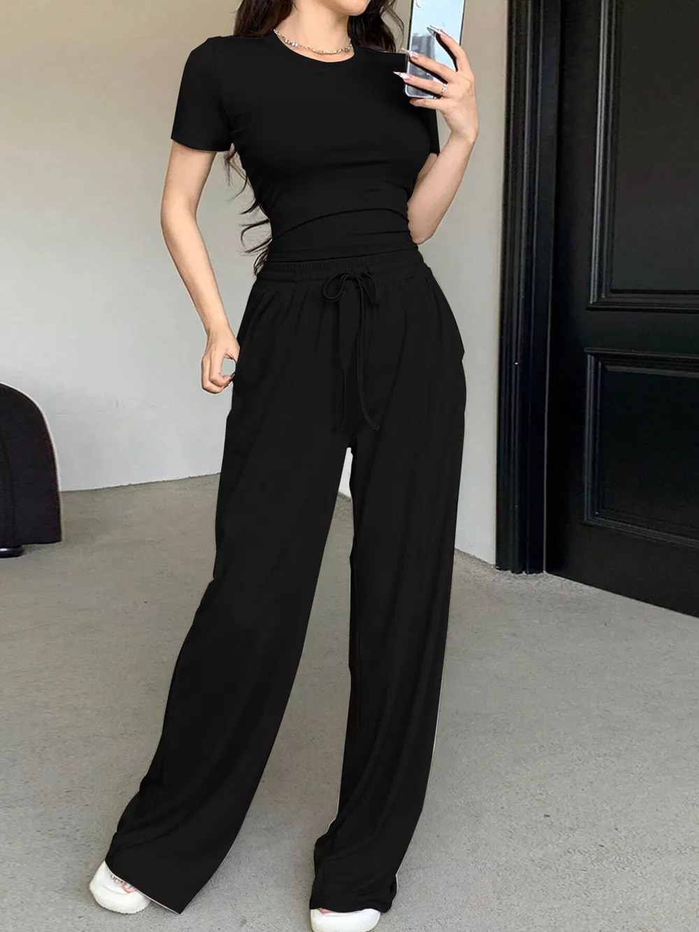 Solid Color Short Sleeve Crop Top and Wide Leg Pants Set