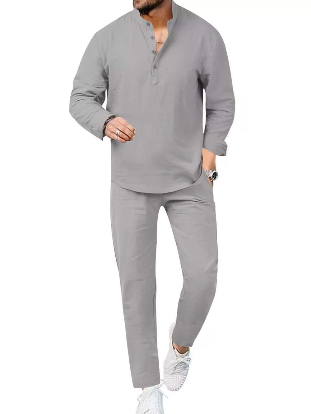 Men's Full Size Casual Long Sleeve Shirt and Pants Set Plus Size, image 4