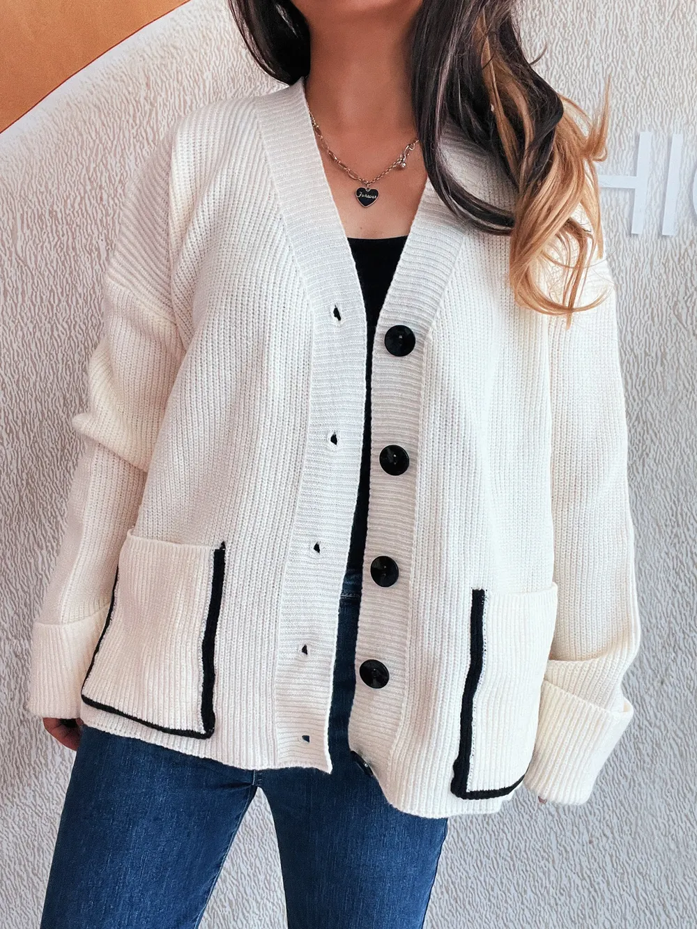 Button-Front Ribbed Cardigan with V-Neck, image 4
