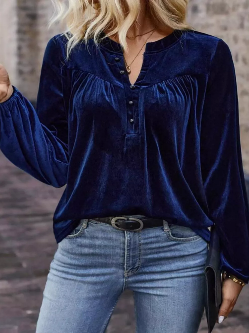 Velvet Notched Long Sleeve Blouse, image 3