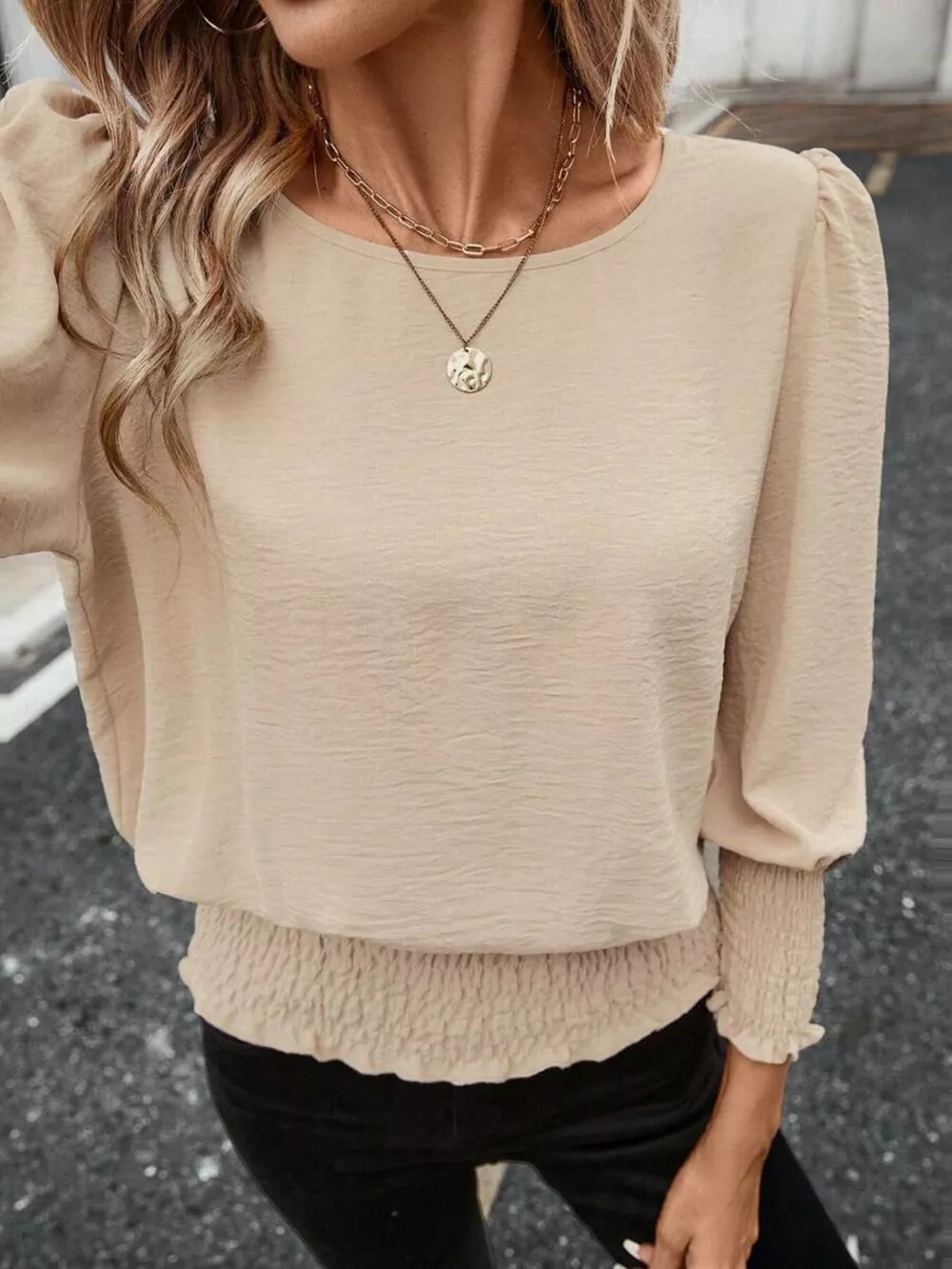 Smocked Waist Round Neck Blouse, image 11