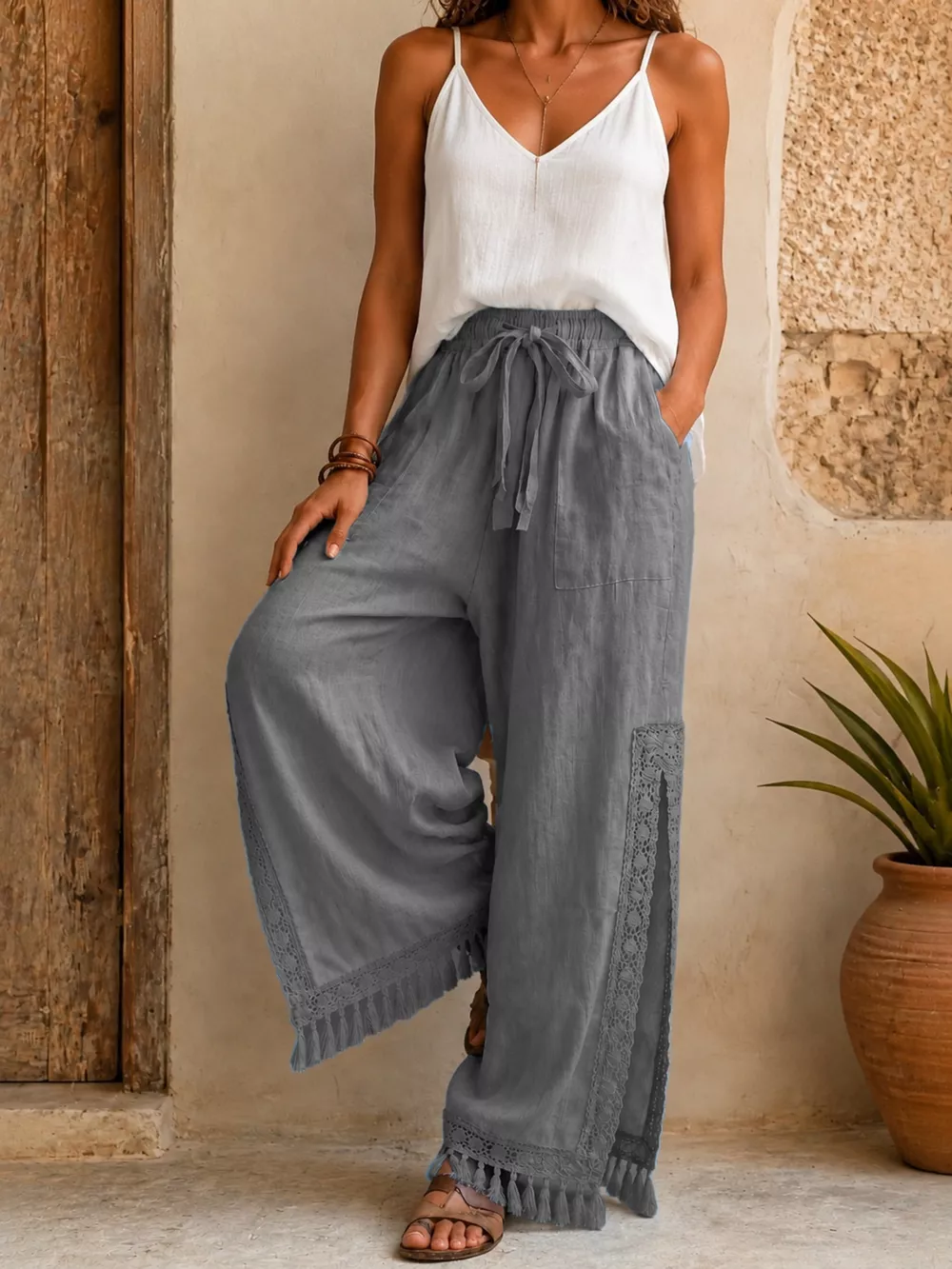 Lace Detail Slit Wide Leg Pants, image 7
