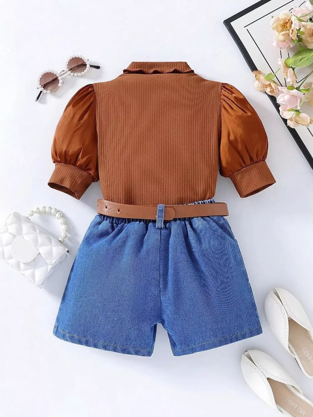Children's Puff Sleeve Top and Denim Shorts Set, image 2
