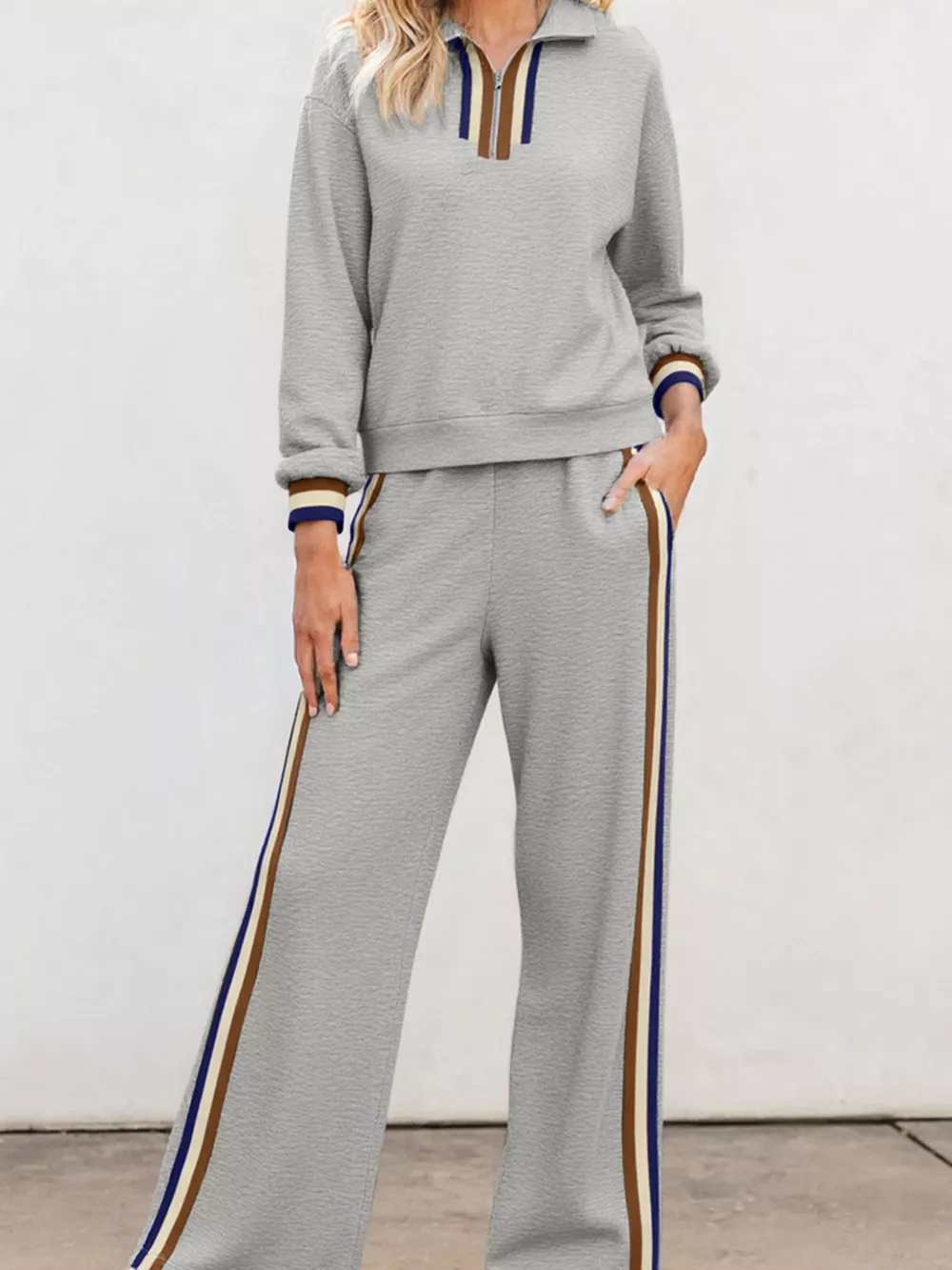 Casual Striped Trim Top and Pants Set, image 3