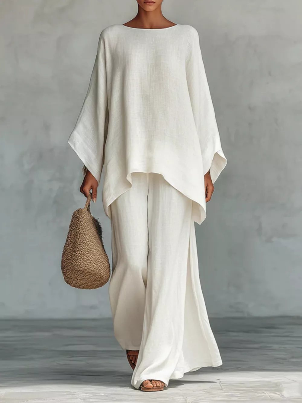 Full Size Round Neck Top and Wide Leg Pants Set Plus Size