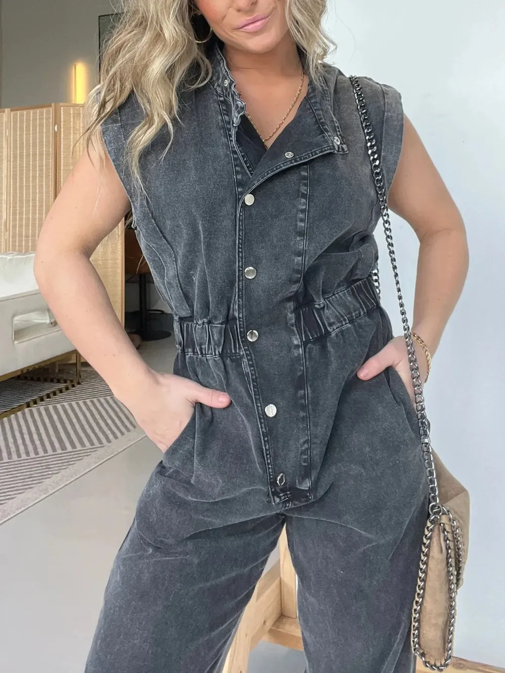 Full Size Button Front Cap Sleeve Denim Jumpsuit Plus Size, image 3