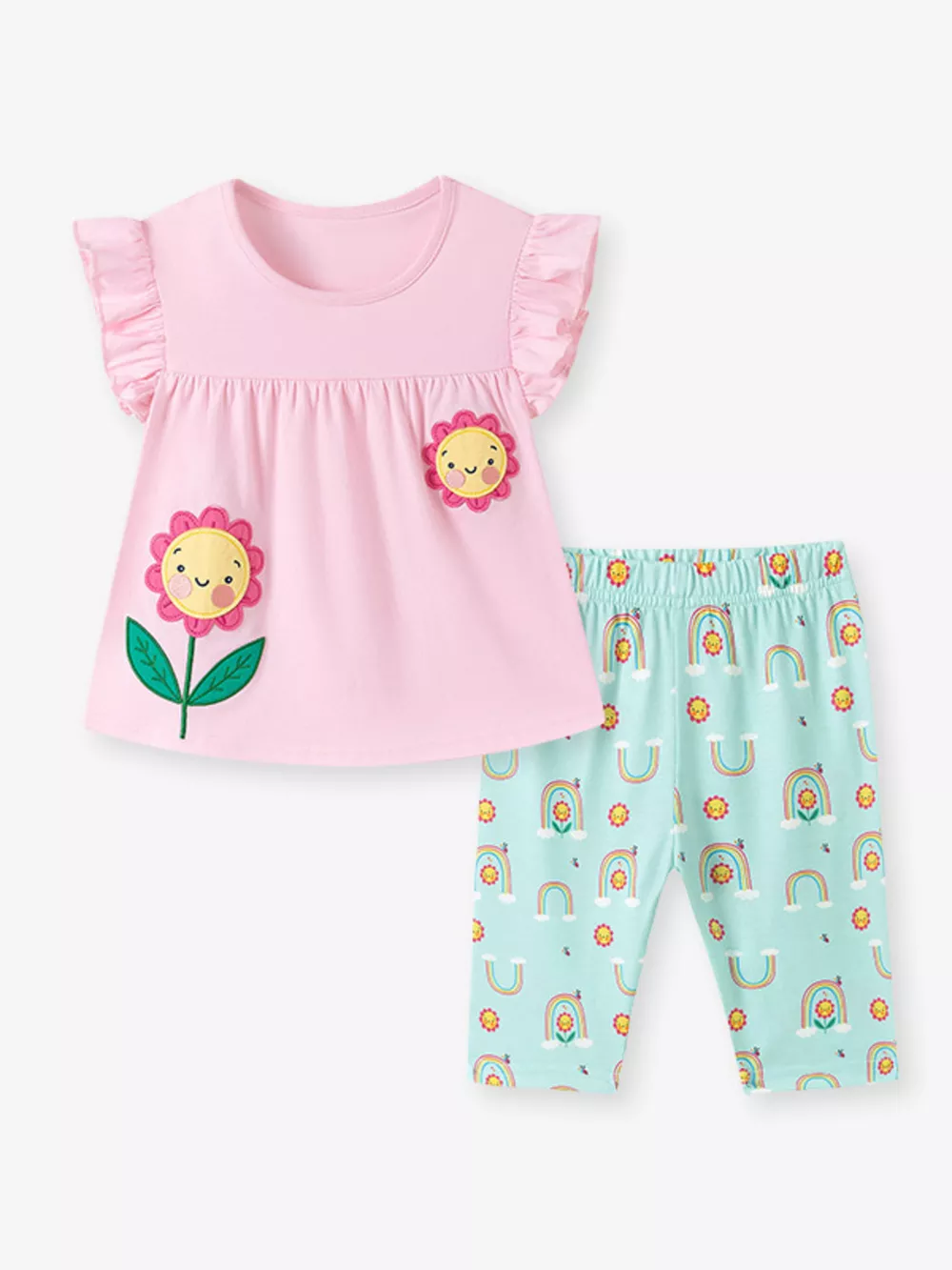 Children's Flower Appliqué Top & Rainbow Print Capri Set, image 5