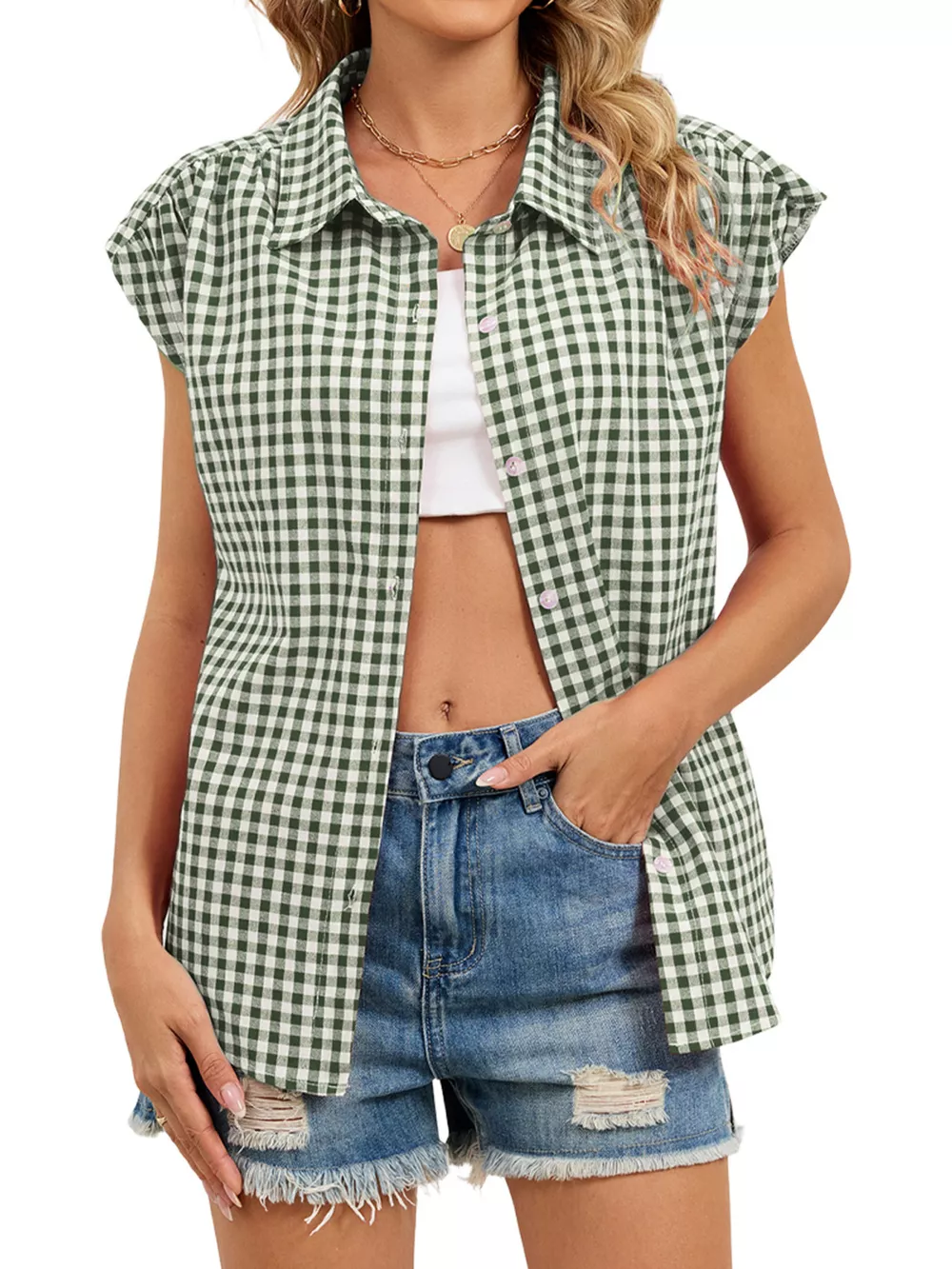 Plaid Button Up Cap Sleeve Shirt, image 24