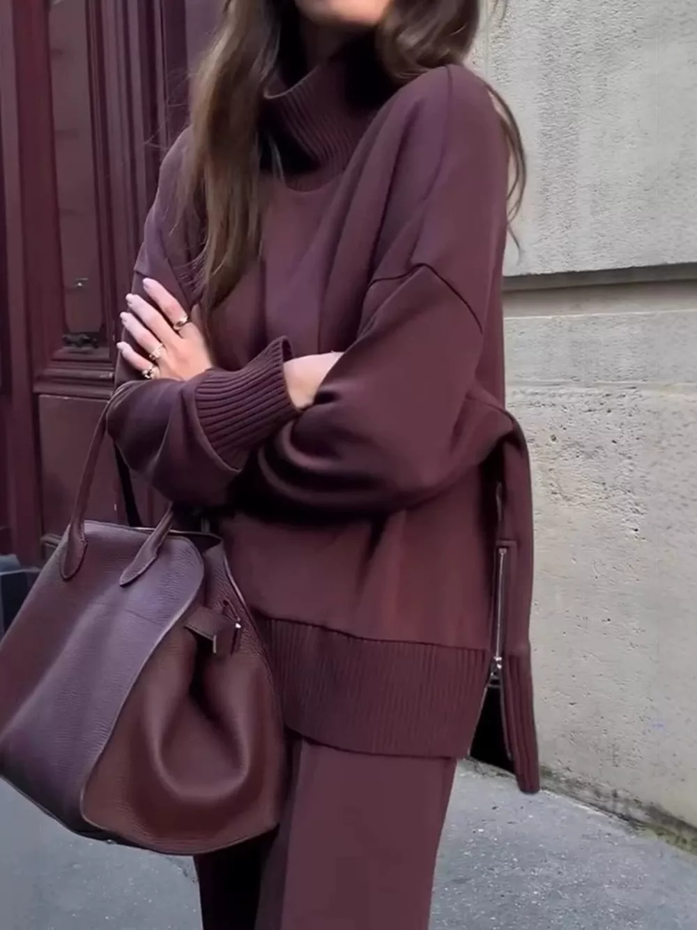 Turtleneck Dropped Shoulder Top and Pants Set, image 2