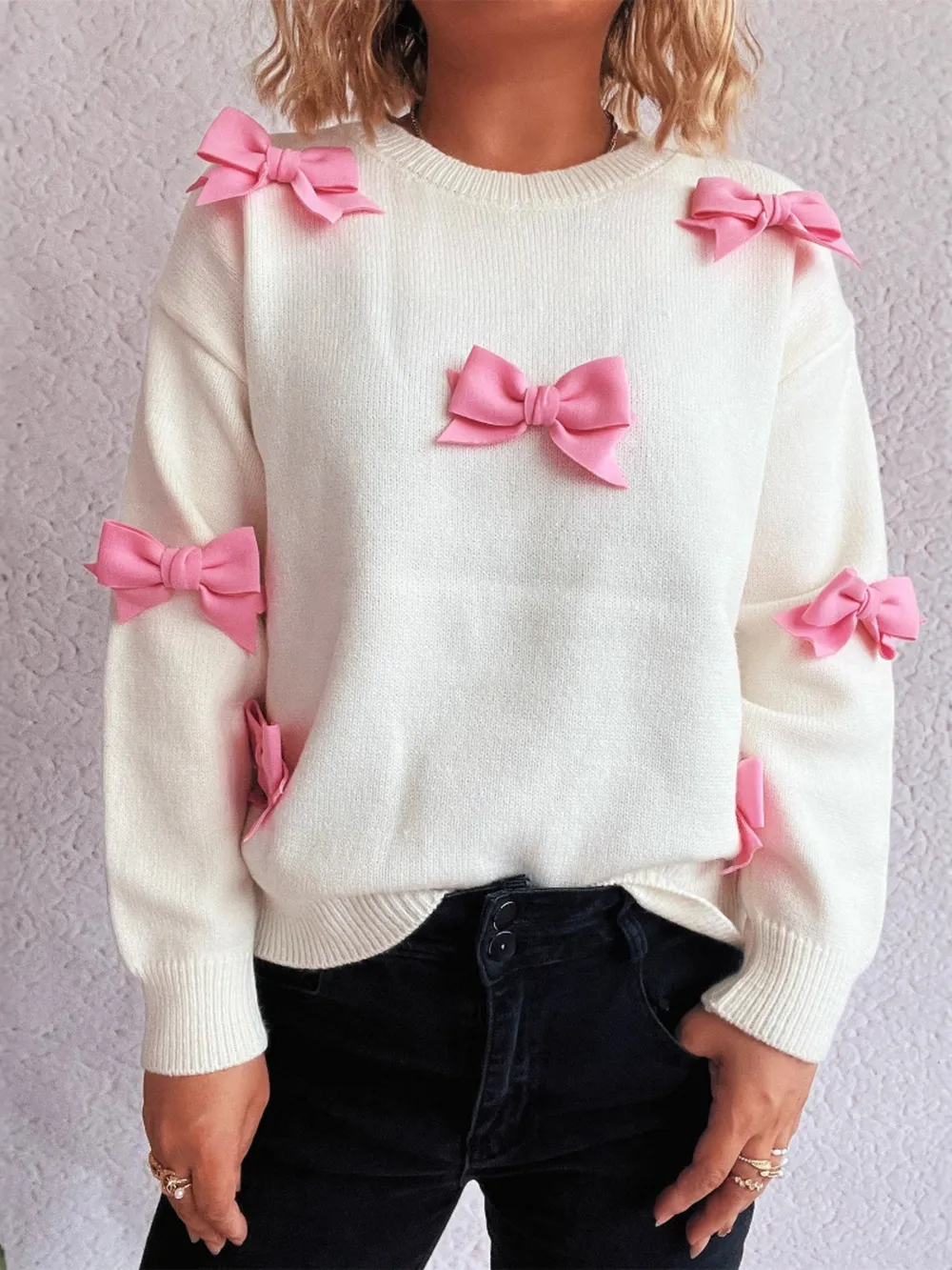 Bow Round Neck Long Sleeve Sweater, image 4