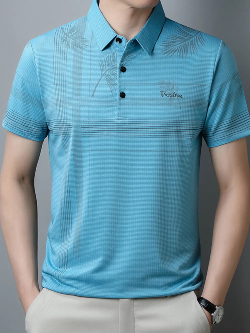 Men's Plus Size Palm Leaf Print Short Sleeve Polo Shirt, image 5