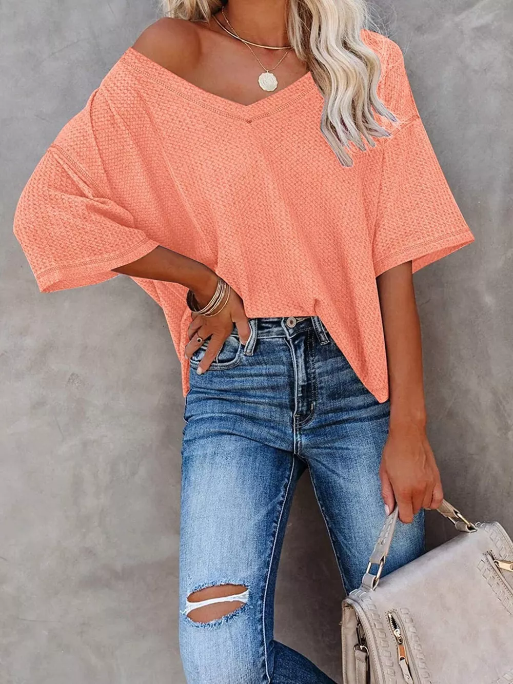 Waffle Knit V-Neck Short Sleeve T-Shirt, image 12