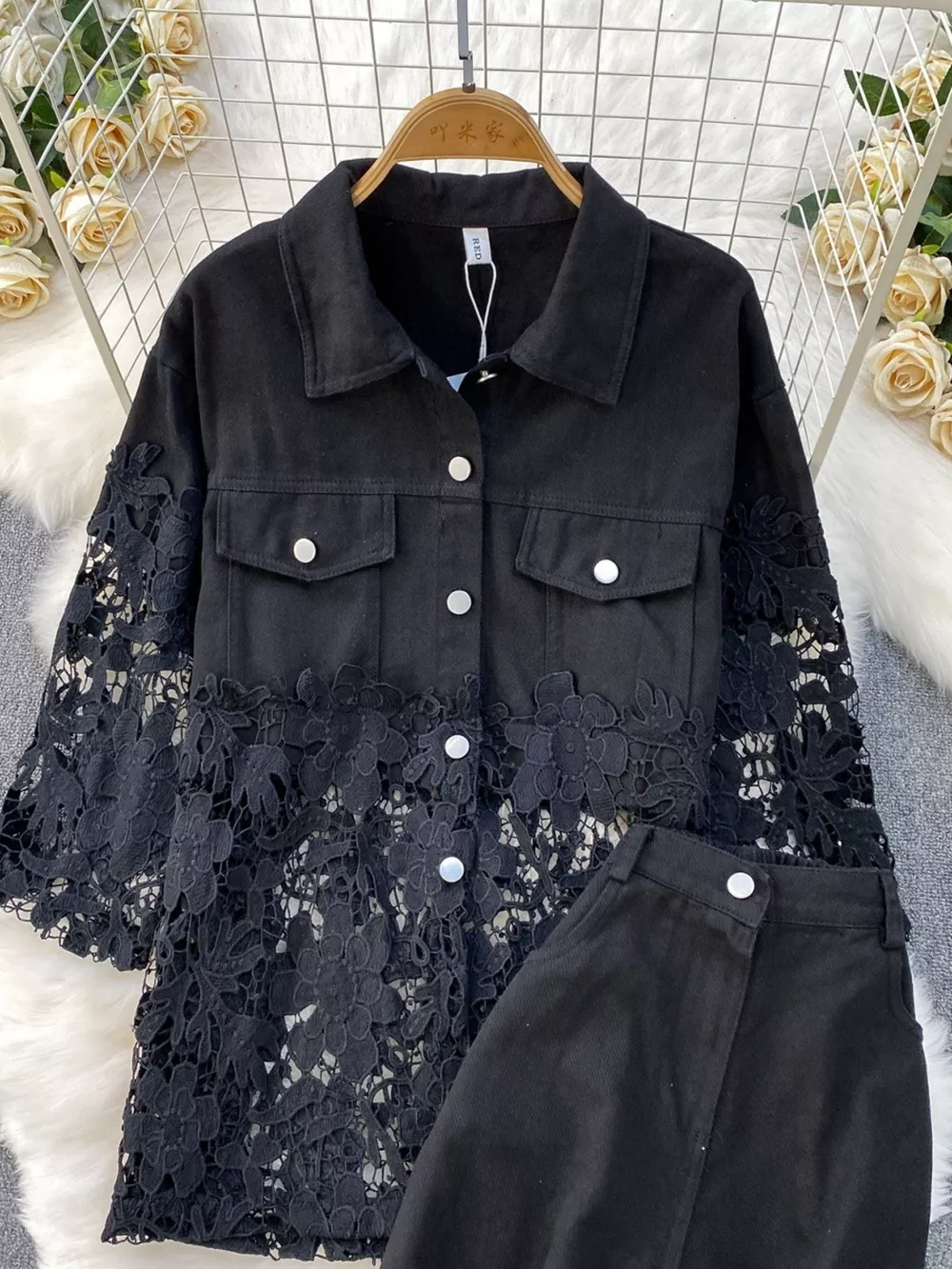 Lace Patchwork Shacket and Pants Set, image 3