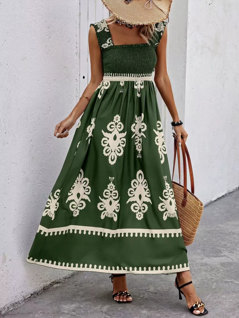 Smocked Printed Square Neck Maxi Dress, image 24