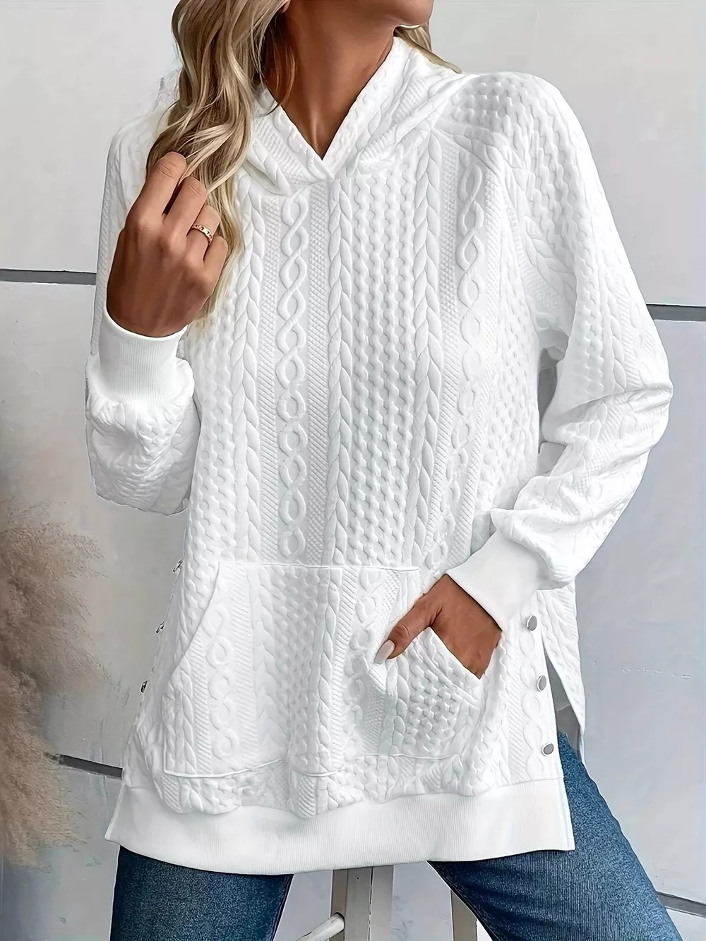 Cable Texture Hoodie with Side Button