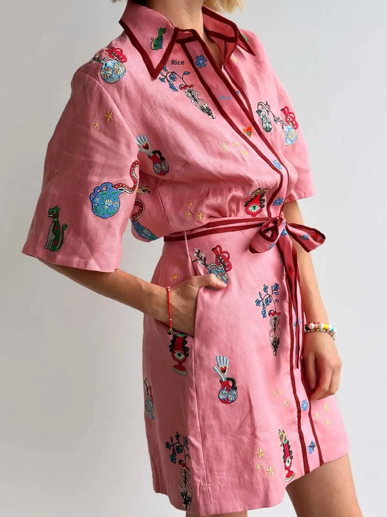 Embroidered Tie Waist Shirt Dress, image 5