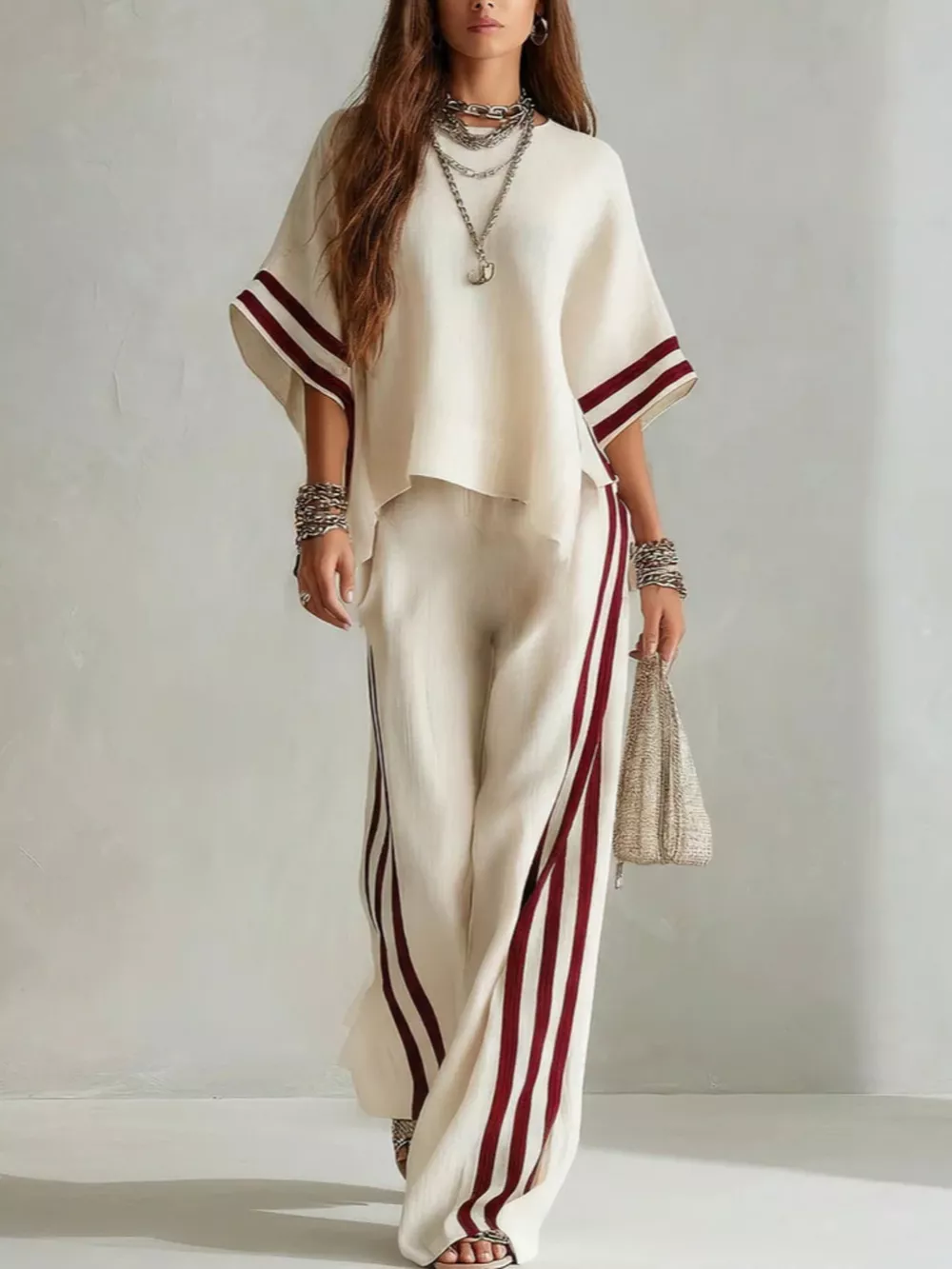 Full Size Striped 3/4 Sleeve Top and Pants Set Plus Size, image 7