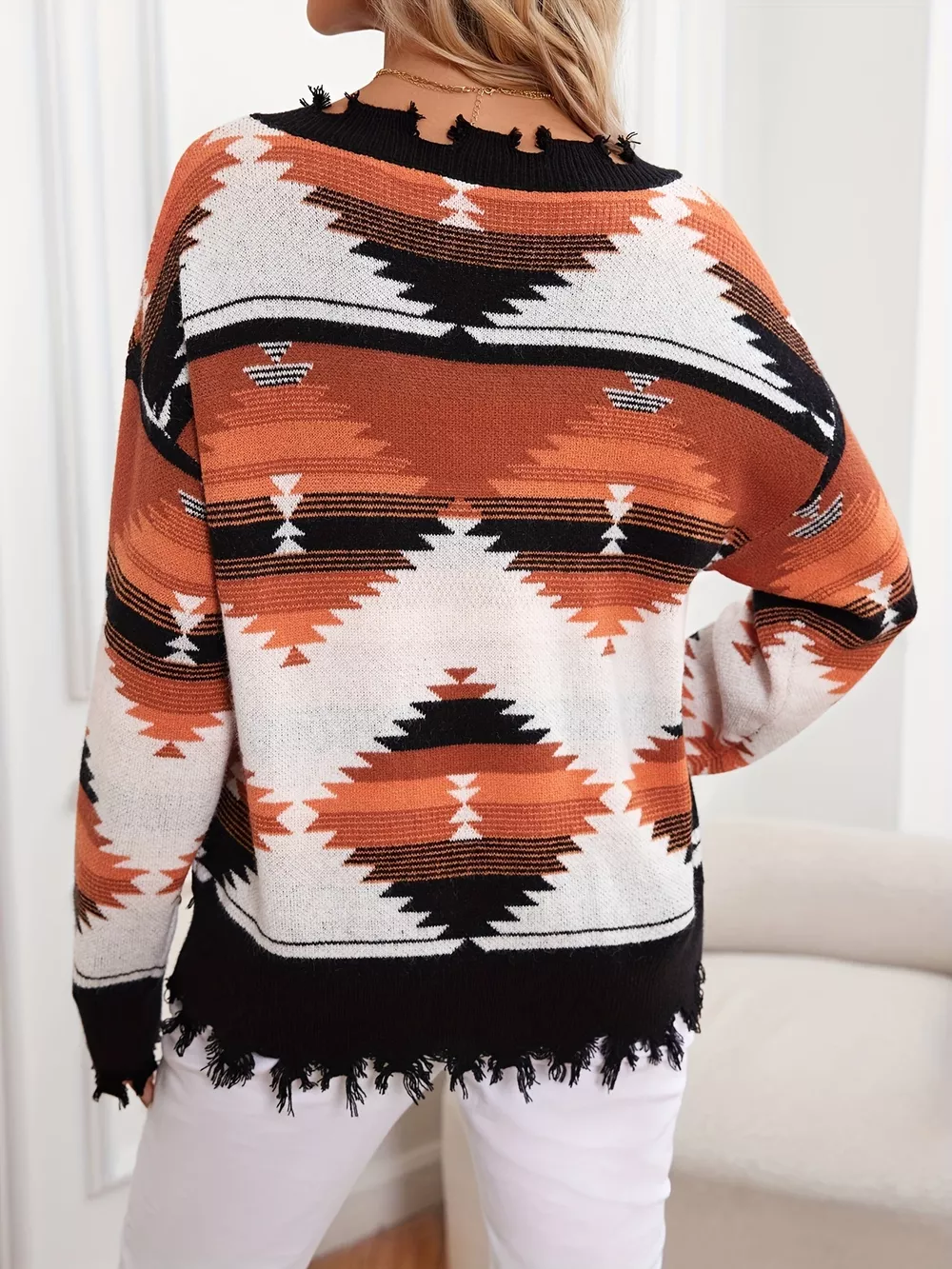 Geometric Frayed Hem V-Neck Long Sleeve Sweater, image 5