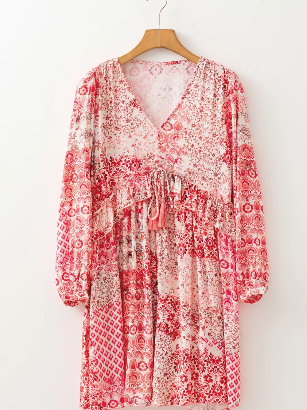 loral Print Tassel Tie Long Sleeve Flowy Mini Dress, image 8