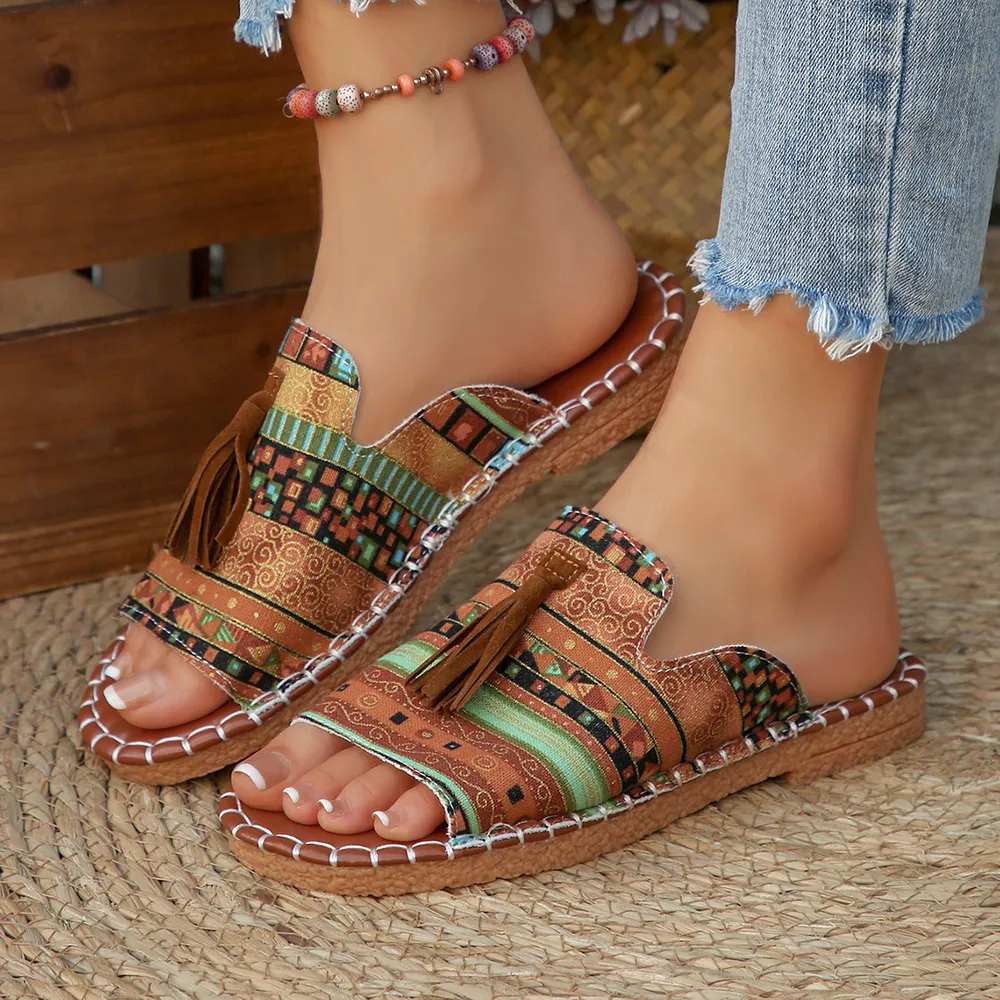Printed Tassel Flat Sandals, image 2
