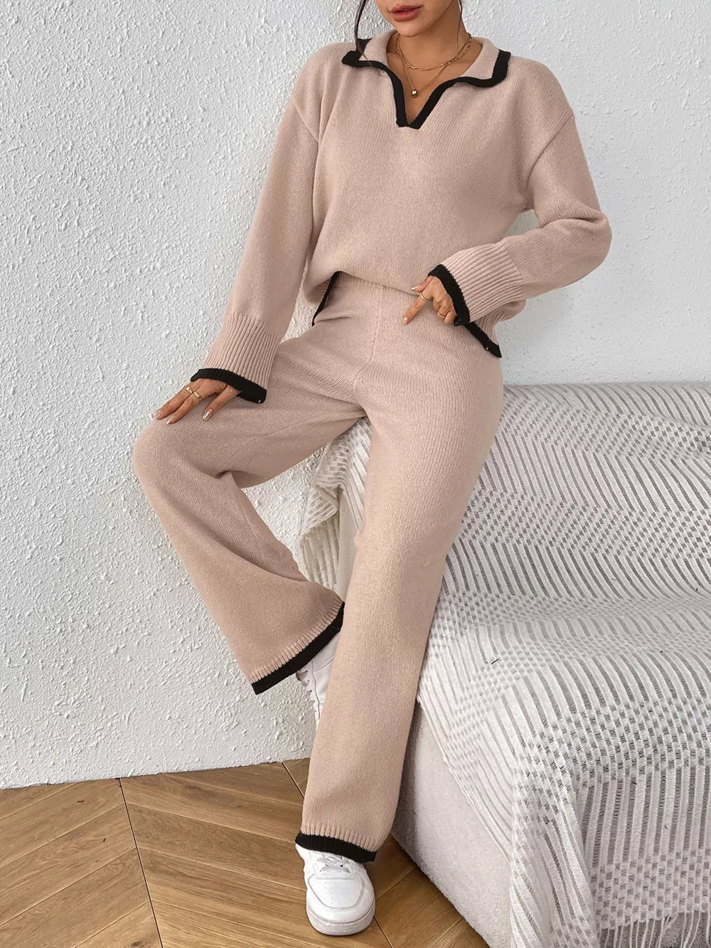 Contrast Trim Polo Collar Top and Pants Sweater Set, image 7