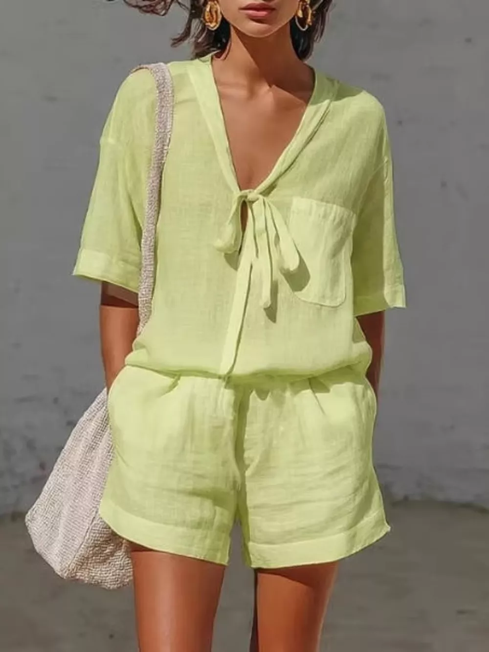 Tie-Front Half Sleeve Shirt and Shorts Set, image 5