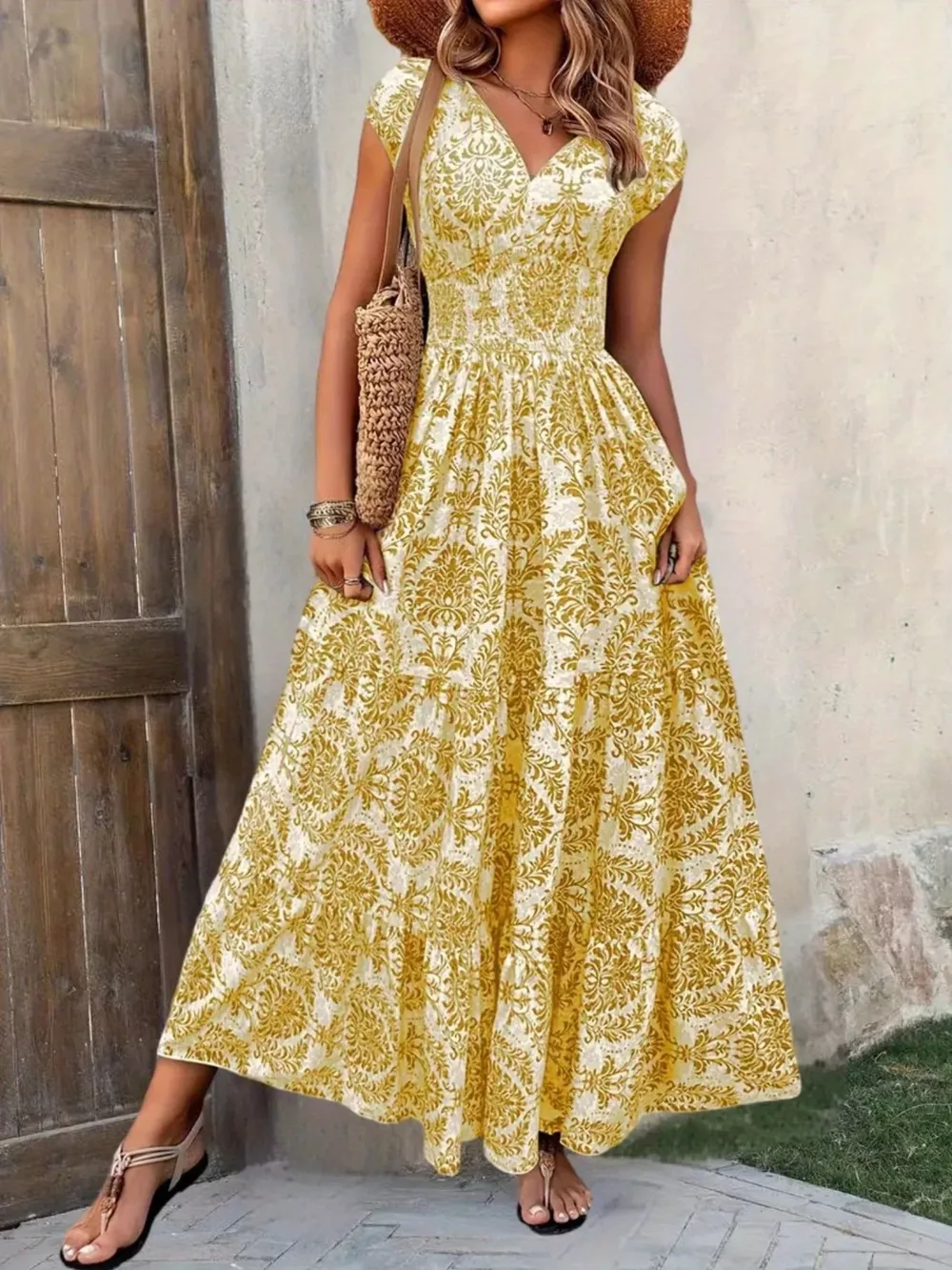 Printed Cap Sleeve Maxi Dress, image 12
