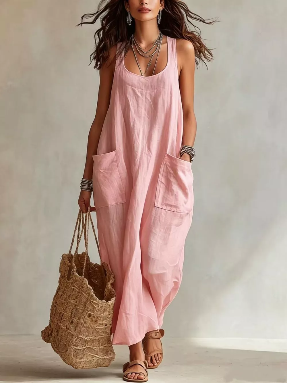 Scoop Neck Sleeveless Maxi Dress with Pockets, image 12